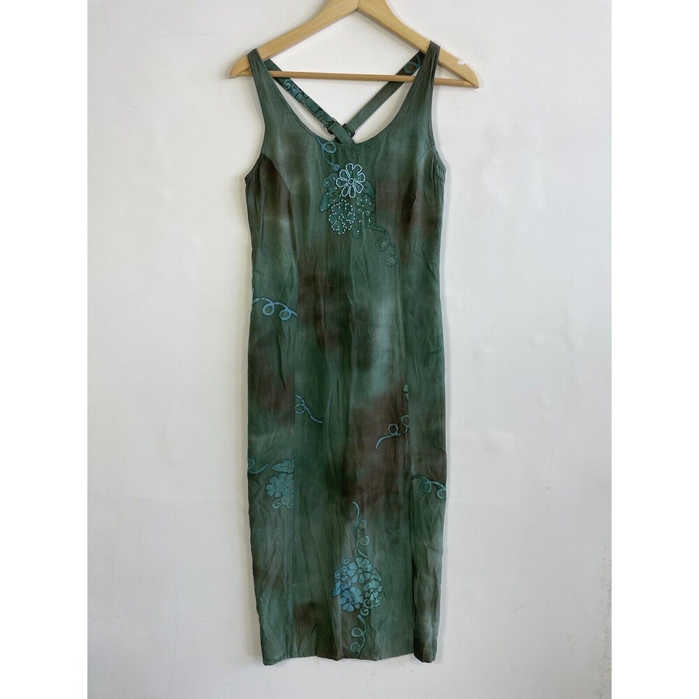 Tropical‎ Tantrum Green Beaded Batik Floral Hawaiian Rayon Dress Womens Medium